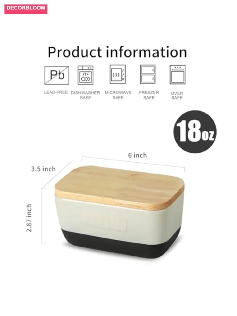 Ceramic Butter Dish with Wooden Lid Airtight Keeper Farmhouse
